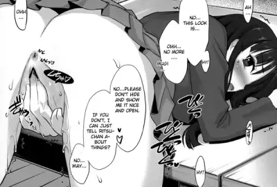 Bent over Mio covering her pussy in front of Mugi