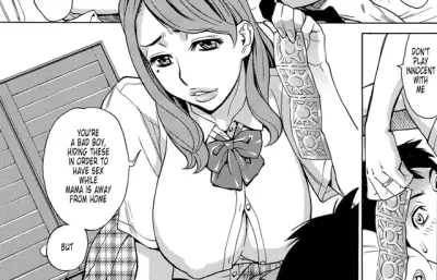 Busty mother in school uniform holding condom wrappers while sitting on her son